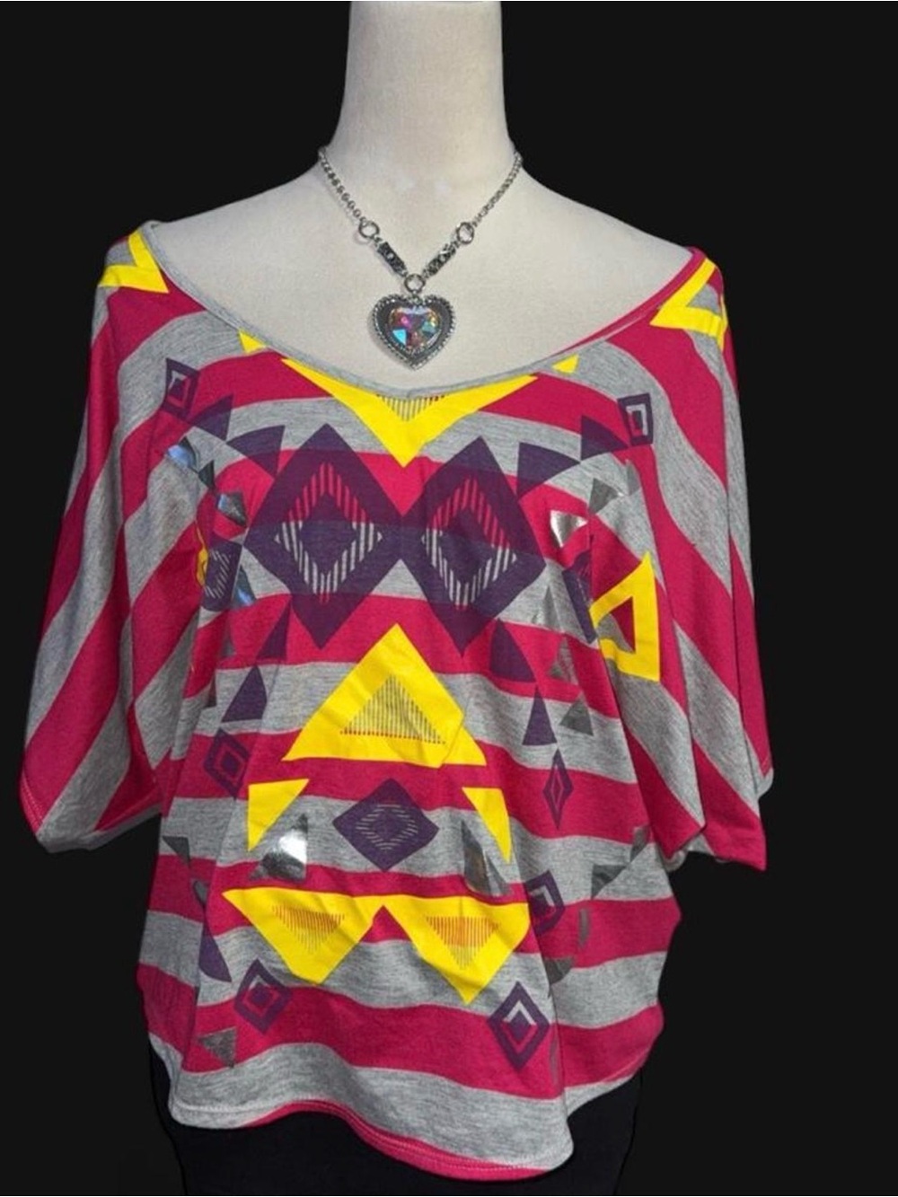 BONGO Grey, Fuchsia & Yellow Geometric Off-Shoulder Tunic Top